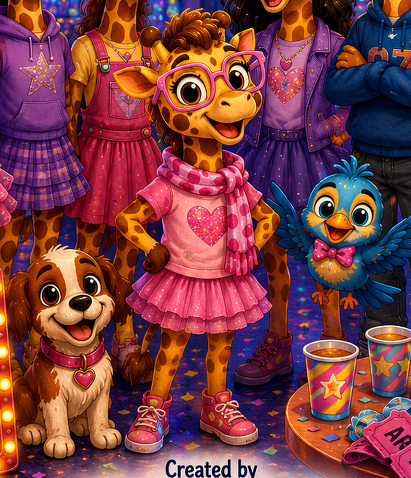 JoJo giraffe with Cannoli and Teddy at a colorful party