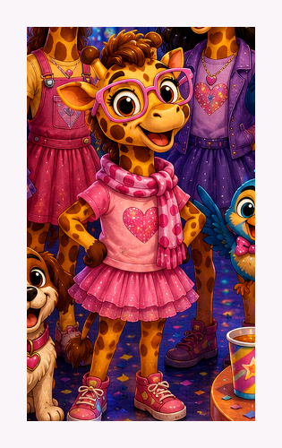 JoJo giraffe wearing pink scarf and glasses